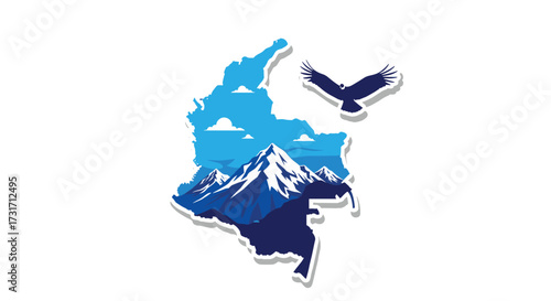 A majestic eagle soars over a stylized map of Colombia. The map features a stunning mountain landscape.