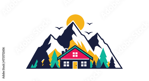A cozy cabin nestled amidst a picturesque mountain landscape.