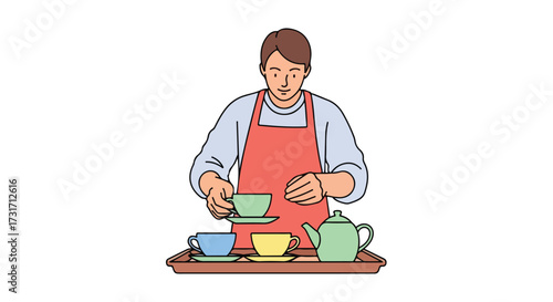 Illustration of a smiling tea server arranging colorful teacups and teapot on a tray preparing a variety of flavored teas for service