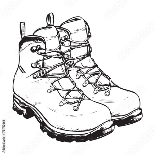 Black and white illustration of two pairs of combat boots on a white background 
