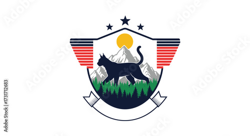 A silhouette of a black cat walks through a forest in front of a mountain range.