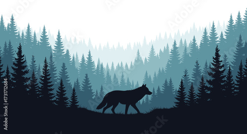 A lone wolf walks through a foggy pine forest at dawn.