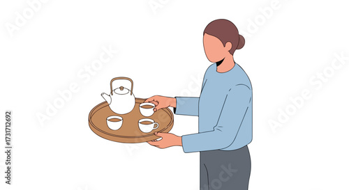 Faceless woman with a teapot and cups on a tray providing a moment of relaxation and a symbol of refined taste and attentive service showcasing care