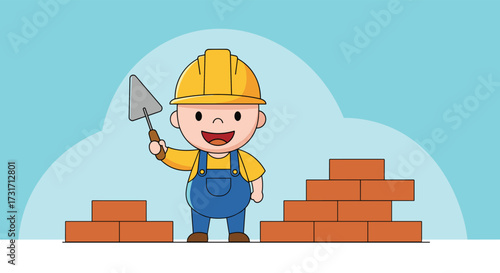 A happy little builder working on a brick wall construction site.