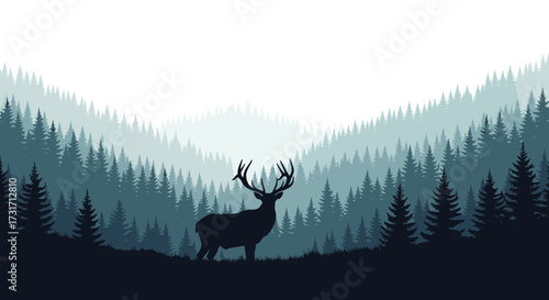 A majestic deer stands silhouetted against a foggy forest landscape.