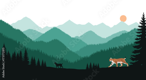 A serene landscape unfolds with majestic mountains a playful lynx and a swift deer.