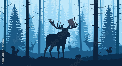 A majestic moose stands tall in a serene blue forest with other woodland creatures.