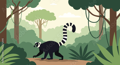 A lemur with a striped tail walks through a lush jungle environment.