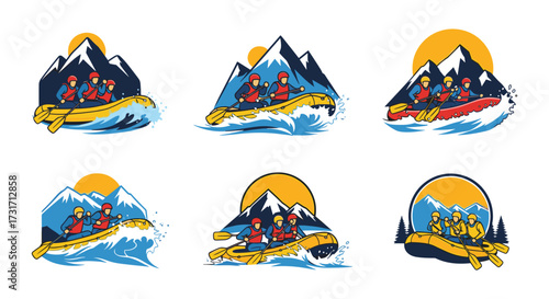 Six distinct illustrations of adventurous people white water rafting down a rapid river in the mountains.
