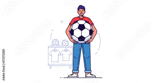Enthusiastic soccer fan holding a soccer ball in a sporting goods store with sports merchandise display graphic illustration