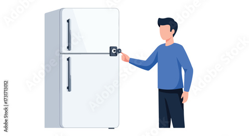 Person unlocking refrigerator door, illustrating access control, security, or privacy restrictions at home or in a shared accommodation space