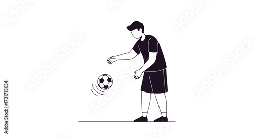 Minimalist depiction of a soccer player bouncing a soccer ball in grayscale isolated against a white backdrop