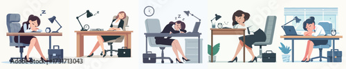 set of tired girl after working sleep at desk office