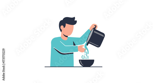 Man pouring liquid from a container into a bowl, demonstrating cooking or food preparation within a simple vector graphic design illustration
