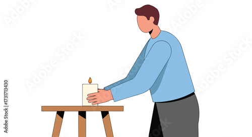A stylized illustration depicting a person carefully placing a lit candle on a wooden side table evoking a sense of tranquility and remembrance