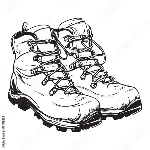 Black and white illustration of two pairs of combat boots on a white background 