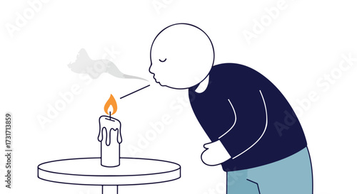 Illustration depicting a character extinguishing a candle flame by blowing air with smoke effect against a clean white background