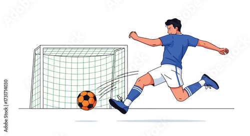 Dynamic football action artwork: Soccer player kicking ball towards the goal with vibrant energy and movement highlighting athleticism and