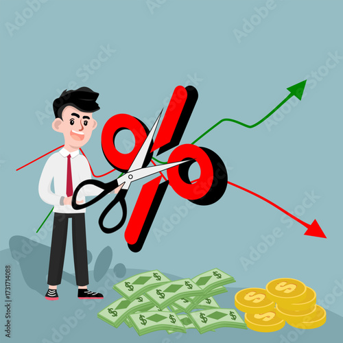 C oncept Interest Rate Cut and Stock Market Crisis Illustration , Businessman holding scissors cutting % symbol with up and down lines.