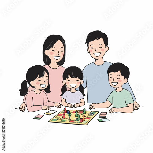 Flat Illustration Happy Family Playing Board Game Together At Home