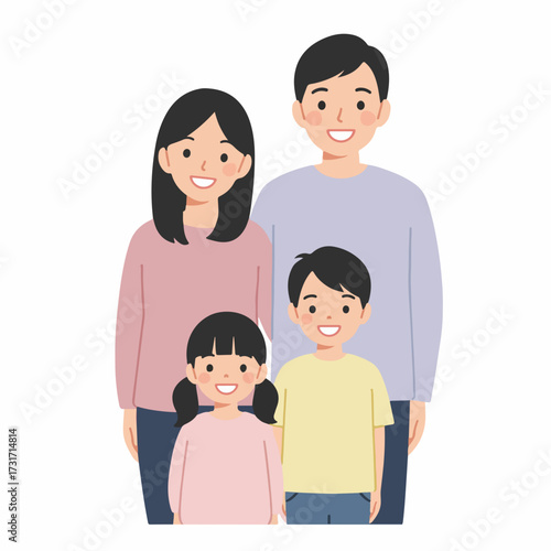 Flat Style Illustration of a Happy Nuclear Family with Two Children