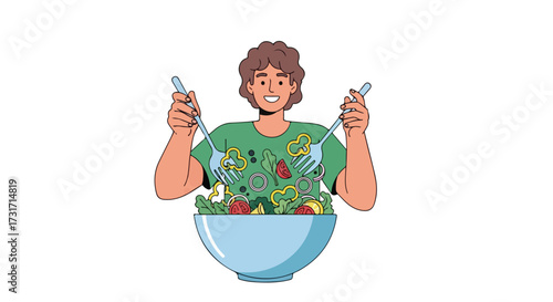 Cartoon person joyfully preparing a large and colorful salad bowl for healthy eating and a nutritious lifestyle promoting wellness and vitality