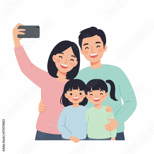 Modern Flat Illustration Happy Family Taking a Selfie Lifestyle