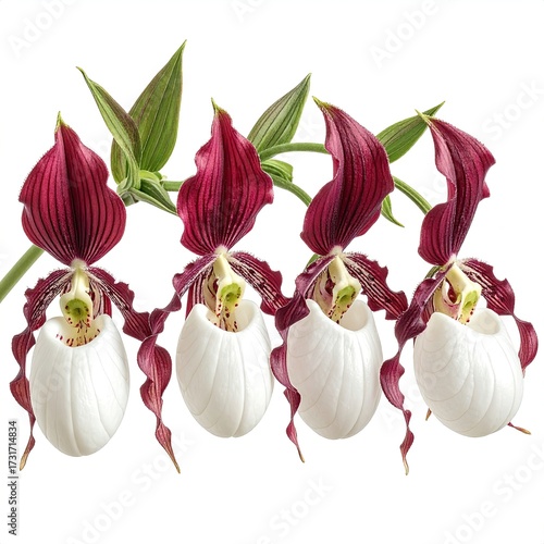 Four  pale white orchids with deep maroon accents,  hanging