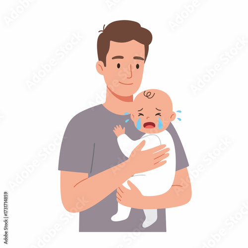 Flat Illustration Father Comforting Sad Crying Baby Affectionate Moment Scene