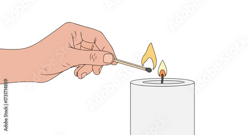 A hand lighting a candle flame with a matchstick in a serene scene, promoting calm and reflection, perfect for peaceful moments candlelit meditations