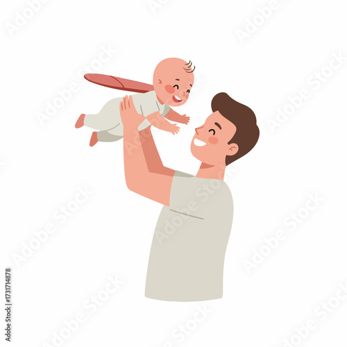 Flat Style Happy Father Lifting Baby Superhero in The Air Illustration
