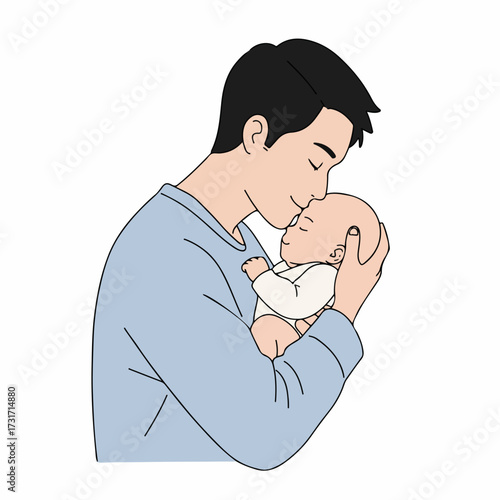 Minimalist Line Art Father Kissing Newborn Baby Moment Illustration