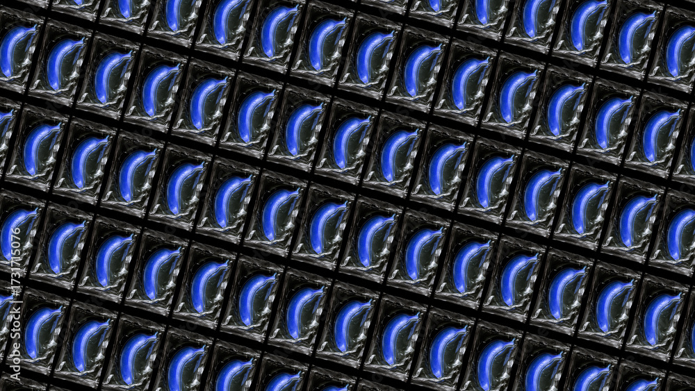 Fototapeta premium Pattern of blue bananas vacuum sealed in packaging, arranged diagonally, futuristic and surreal abstract food concept.