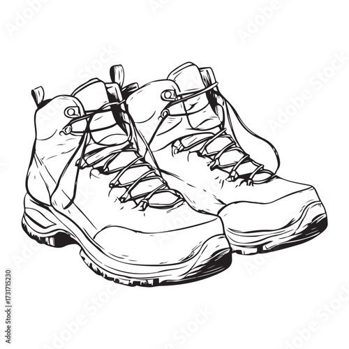 Black and white illustration of two pairs of combat boots on a white background 