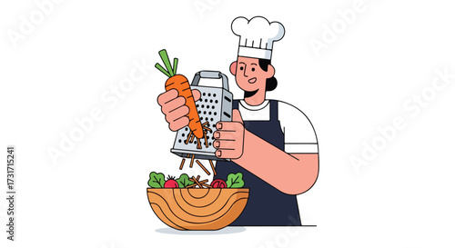 Chef grating carrot for healthy salad preparation, illustrating culinary artistry and food preparation with fresh ingredients, in simplified modern