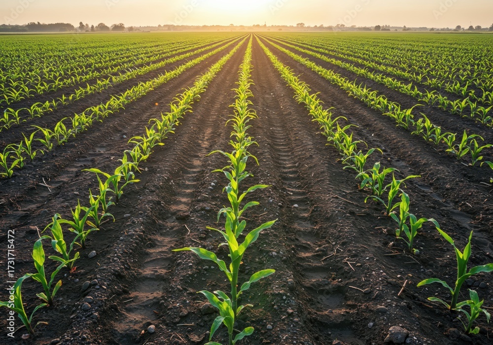 Obraz premium Rows of Life: Lines of vibrant green crops stretch towards the sun in a stunning display of agricultural beauty. Capturing the essence of growth, harvest, and sustainability in a panoramic landscape