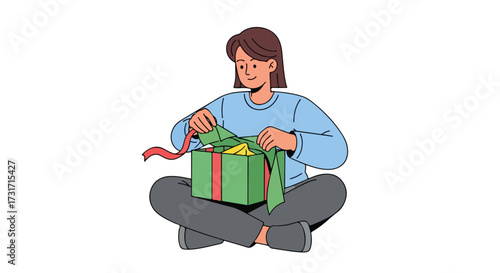 Excited young woman unveiling a vibrantly wrapped gift with joyous anticipation and a heart filled with the promise of delightful surprises to come