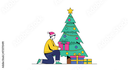 Preparing for Christmas: A person placing colorful presents beneath a decorated pine tree adorned with a star celebrating holiday cheer