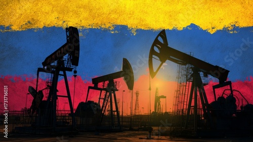 Majestic oil pumpjacks against the venezuelan flag at sunset, showcasing rich energy resources