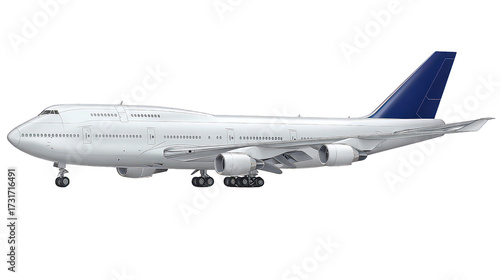 White Jumbo Jet Airplane Side View on Transparent Background