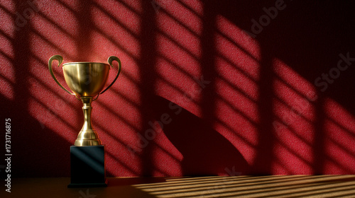 Golden trophy with long shadow cast by window blinds on textured red wall in dramatic natural lighting