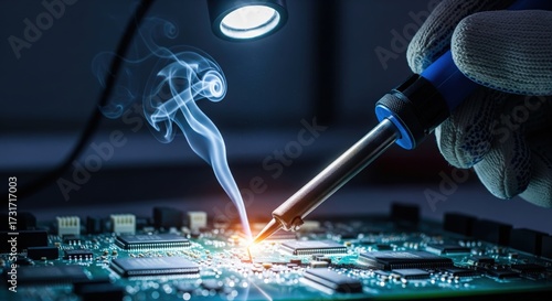 Technician soldering electronic components on a circuit board with smoke rising from the hot iron