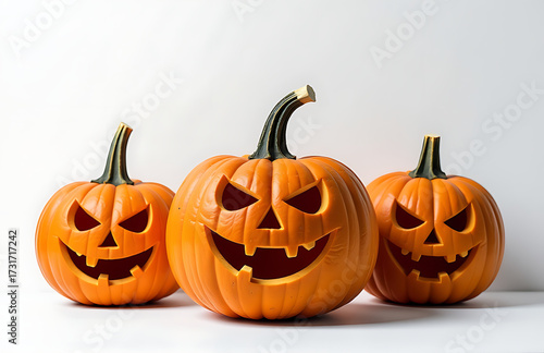vibrant intricately carved spooky faces weathered pumpkins set crisp white background even