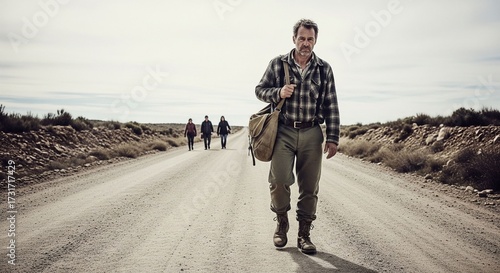 A man with a bag, weary and lingering behind a group walking down a long, dusty, remote road.