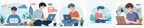 freelance work young man with laptop flat color