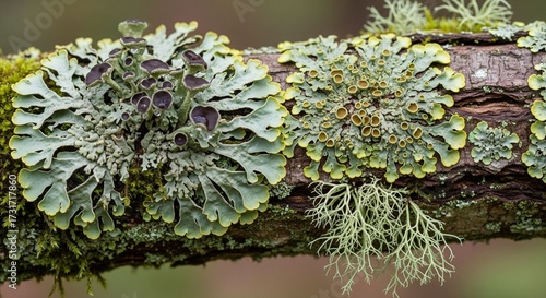 Detailed close-up of various foliose and fruticose lichen (symbiotic organism of fungus and algae) species growing on a tree branch.