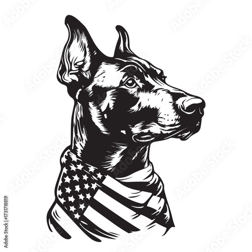 A German Shepherd Dog wear american flag print bandana. Minimal Vintage Grunge Independence Day 4th of July Patriotic Usa America Retro Clipart. Canine in color head covering herder pup.