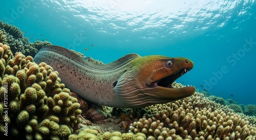 A fearsome green moray eel, an elongated predatory fish, with its mouth open among vibrant coral on a tropical reef.