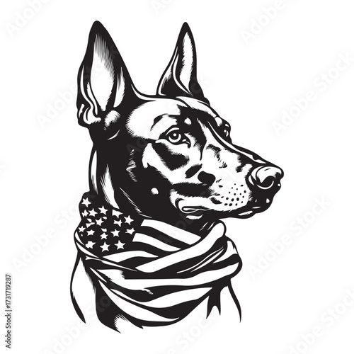 A German Shepherd Dog wear american flag print bandana. Minimal Vintage Grunge Independence Day 4th of July Patriotic Usa America Retro Clipart. Canine in color head covering herder pup.