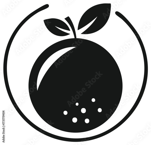 Black and white orange fruit with leaves inside a circular frame